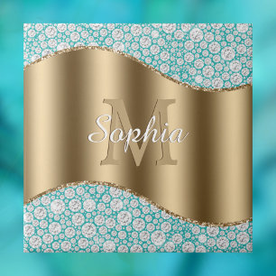 Glam Diamantes em Teal, Monograma Dourado, Nome do