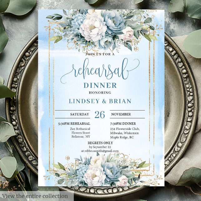 Glam Dusty Blue Floral Dourado Convite para ensaio (Glam Dusty Blue White Floral Gold Rehearsal Invite)