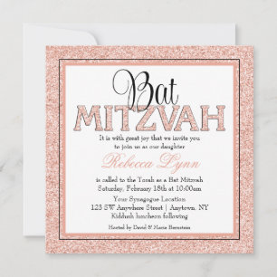 Glam Faux Glitter Rosa Dourado Bat Mitzvah Convite