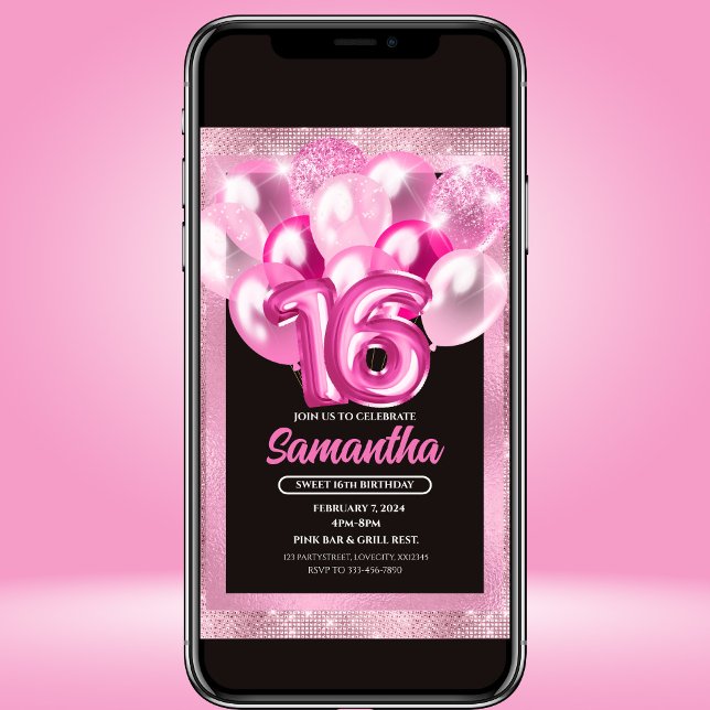 Glam Pink Balões Doce 16 Convite de Aniversário (Criador carregado)