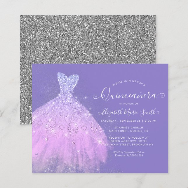 Glam Purple Silver Glitter Gown Quinceanera (Frente/Verso)