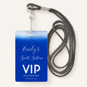 Glam Royal Blue Sweet 16 Convite VIP Pass Crachá