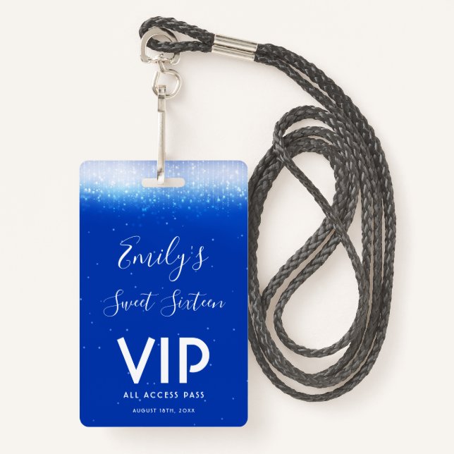 Glam Royal Blue Sweet 16 Convite VIP Pass Crachá (Frente com cordão)