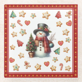 Glass Coaster Snowman and Christmas Cookies Red