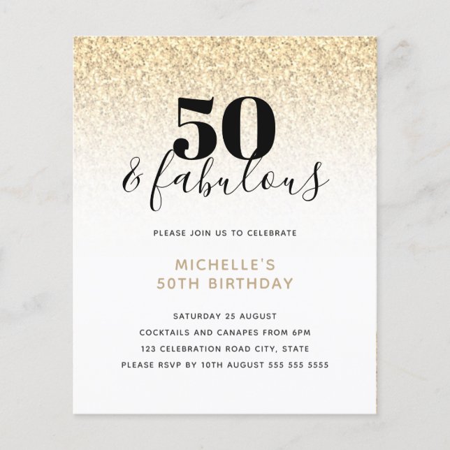 Glitter 50 Dourado Orçamento e Convite para Aniver (Frente)