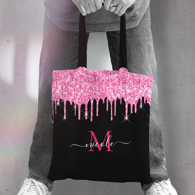 Glitter Cor-de-rosa quente Monograma Nome Tote Bag (Criador carregado)