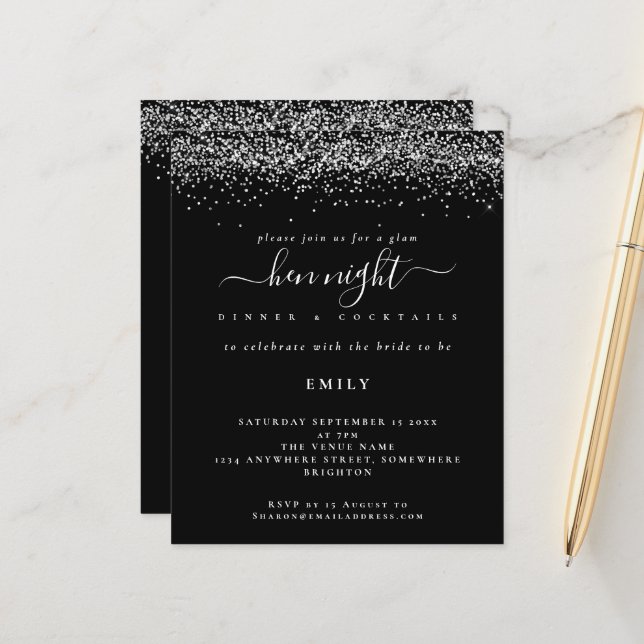 Glitter De Prata De Orçamento Hen Convite Preto No (Frente/Verso In Situ)