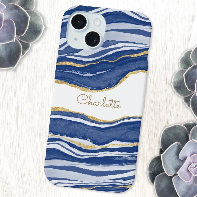 Glitter Dourado Agato Azul Marble Personalizado (Navy indigo blue watercolor agate marble with faux gold glitter detail. Personalized name phone case)