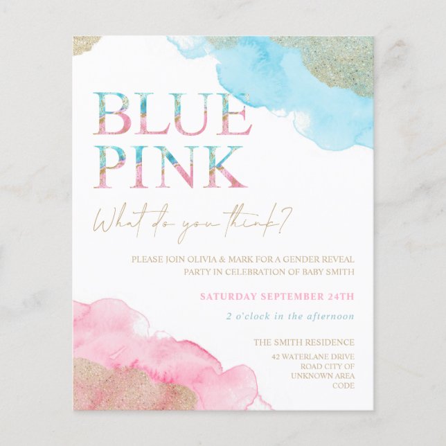 Glitter Dourado de Aquarela Sexo Revelar Convite (Frente)