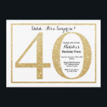 Glitter Dourado de Convite para aniversário de 40<br><div class="desc">Convite para aniversário de 40 anos surpresa. Dourada Festa de aniversário de brilho Convide com fundo branco. Surpresa Aniversário. Aniversário Adulto. Homens ou Mulheres no Bday Bash Party.
Para mais personalização,  clique no botão "Personalizar" e use a ferramenta design para modificar este modelo.</div>