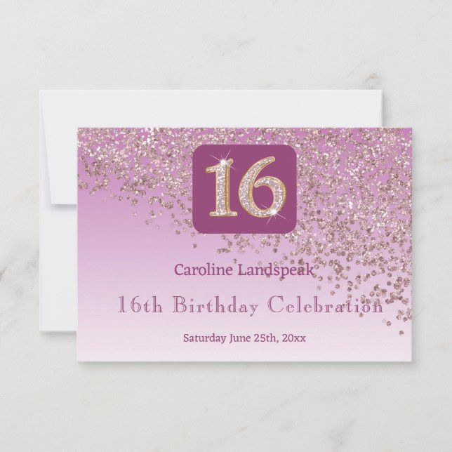 Glitter Dourado de Rosa Chic, 16 RSVP de Aniversár (Frente)