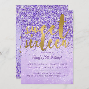 Glitter Dourado e roxo 16 Convites de festas doces