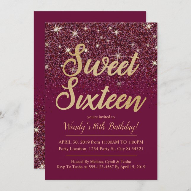 Glitter & Dourado, Ruby Sweet 16 Convites de Anive (Frente/Verso)