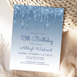 Glitter Drips Blue 18th Convite de aniversário<br><div class="desc">Este convite de aniversário de 18 anos da moda apresenta uma borda brilhante e azul falsa com gotas de luz e fundo ombre. As palavras "18º Aniversário" e o nome do convidado de honra aparecem no script de escrita manual azul casual, com o resto do texto personalizável na fonte azul...</div>
