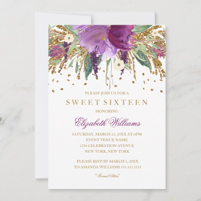 Glitter Floral Ametist Sweet 16 Convite (Frente)