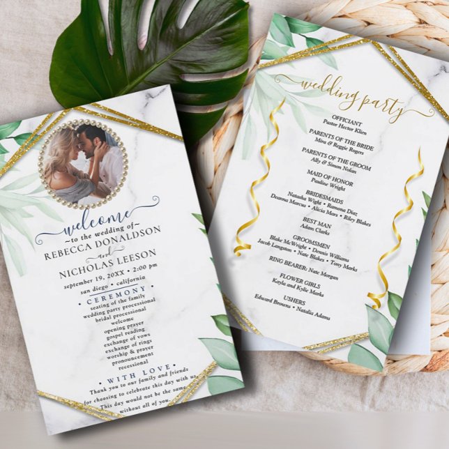 Glitter Greenery Elegant Photo Wedding Program (Criador carregado)