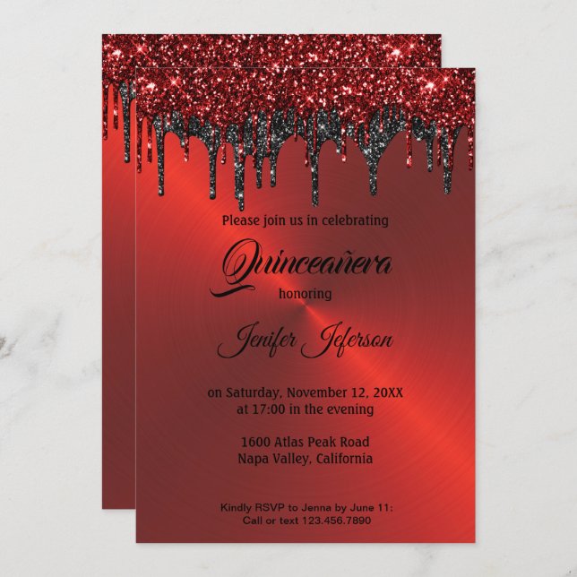 Glitter metálico vermelho Quinceanera Convite (Frente/Verso)