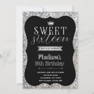 Glitter prateado Doce 16 convite de festas