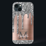 Glitter prateado Drives de Rosa Monograma metálico<br><div class="desc">A cinza cintilante prateada moderna goteja o nome e a capas de iphone monificada. Este design apresenta cinza prateada (cinza) brilho brilho pingado no fundo cor-de-rosa dourado com metal escovado personalizado, com modelo de texto inicial e nome personalizado personalizado. Presente feminino perfeito. Por favor, note que esta design é um...</div>