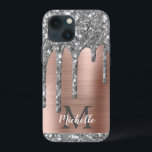 Glitter prateado gotas Rosa Monograma metálico Dou<br><div class="desc">A cinza cintilante prateada moderna goteja o nome e a capas de iphone monificada. Este design apresenta cinza prateada (cinza) brilho brilho pingado no fundo cor-de-rosa dourado com metal escovado personalizado, com modelo de texto inicial e nome personalizado personalizado. Presente feminino perfeito. Por favor, note que esta design é um...</div>
