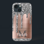 Glitter prateado gotas Rosa Monograma metálico Dou<br><div class="desc">A cinza cintilante prateada moderna goteja o nome e a capas de iphone monificada. Este design apresenta cinza prateada (cinza) brilho brilho pingado no fundo cor-de-rosa dourado com metal escovado personalizado, com modelo de texto inicial e nome personalizado personalizado. Presente feminino perfeito. Por favor, note que esta design é um...</div>