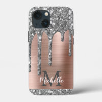 Glitter prateado gotas Rosa Monograma metálico Dou