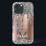 Glitter prateado gotas Rosa Monograma metálico Dou<br><div class="desc">A cinza cintilante prateada moderna goteja o nome e a capas de iphone monificada. Este design apresenta cinza prateada (cinza) brilho brilho pingado no fundo cor-de-rosa dourado com metal escovado personalizado, com modelo de texto inicial e nome personalizado personalizado. Presente feminino perfeito. Por favor, note que esta design é um...</div>