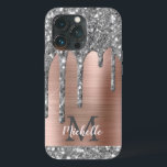 Glitter prateado gotas Rosa Monograma metálico Dou<br><div class="desc">A cinza cintilante prateada moderna goteja o nome e a capas de iphone monificada. Este design apresenta cinza prateada (cinza) brilho brilho pingado no fundo cor-de-rosa dourado com metal escovado personalizado, com modelo de texto inicial e nome personalizado personalizado. Presente feminino perfeito. Por favor, note que esta design é um...</div>