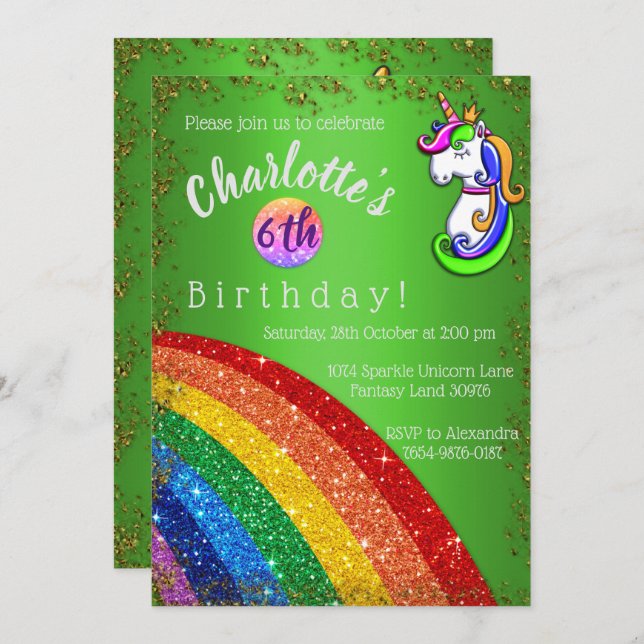 Glitter Rainbow Green Unicorn Convite de Aniversár (Frente/Verso)