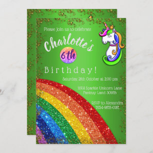 Glitter Rainbow Green Unicorn Convite de Aniversár