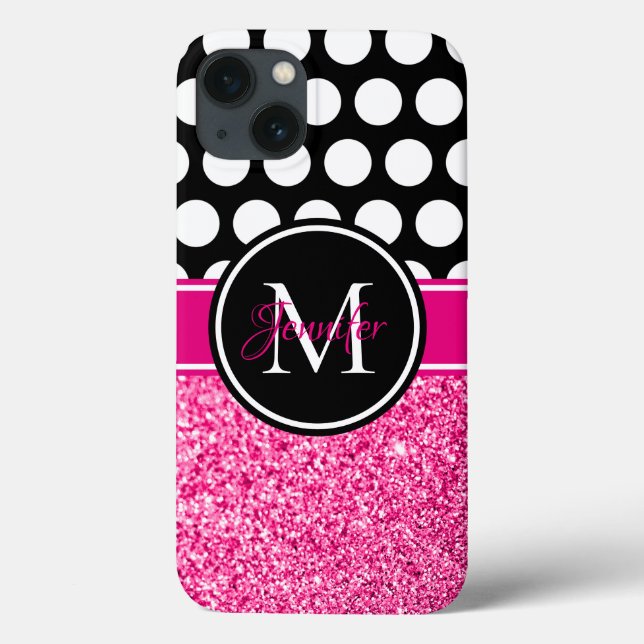 Glitter Rosa Quente Pontos Pretos Brancos Monogram (Verso)