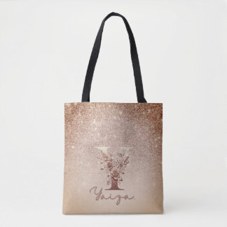 Glitter  Rose Gold Floral Letter Y Tote