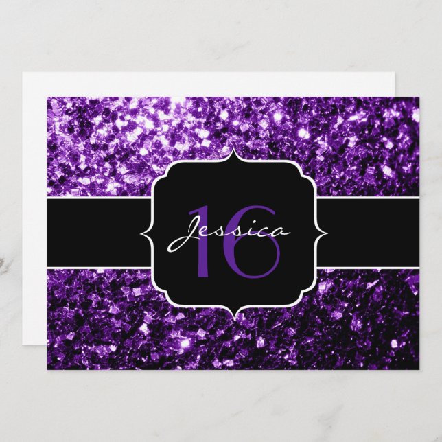 Glitter roxo brilha doce 16 Convite (Frente/Verso)