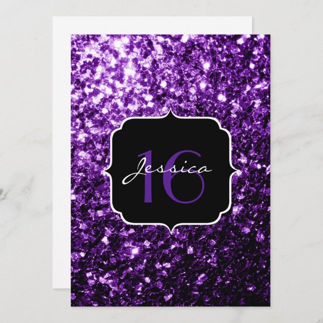 Glitter roxo brilha doce 16 Convite (Frente/Verso)