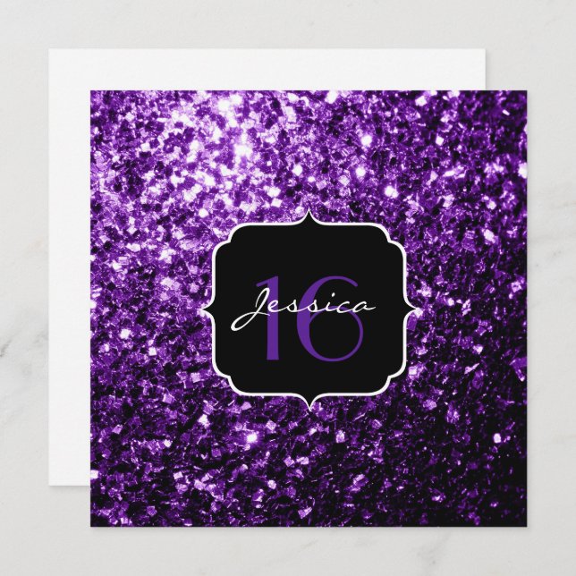 Glitter roxo brilha Doce 16 Quadrado Convite (Frente/Verso)