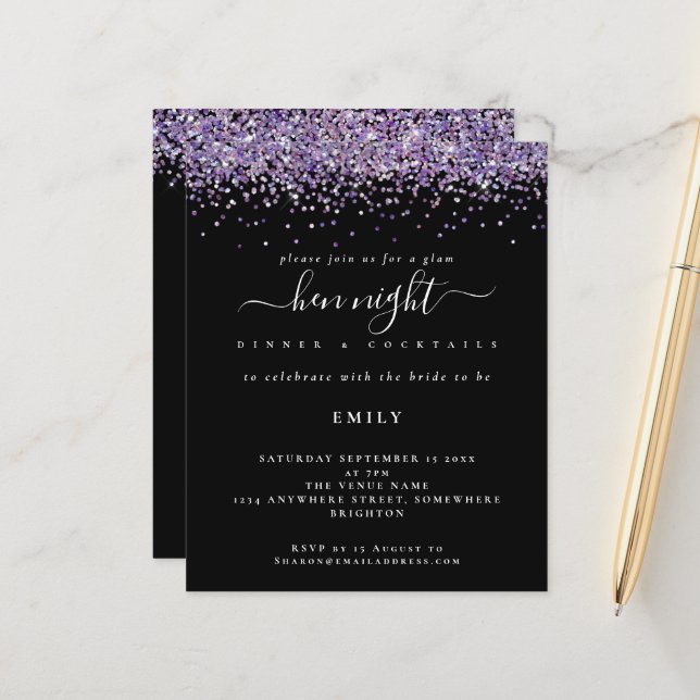 Glitter Roxo De Orçamento Hen Night Black Invite (Frente/Verso In Situ)
