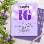 Glitter Roxo do Orçamento Doce 16 Balões Convite<br><div class="desc">"Feliz Doce 16". Envie este convite de festas de orçamento impressionante, simples, festivo, moderno e personalizado para um evento que se lembre. A tipografia negra, a preto e a escrita manual sobrepõem os balões roxos e as luzes de cordas brilhantes douradas num fundo roxo e leve e suave. Personalize o...</div>