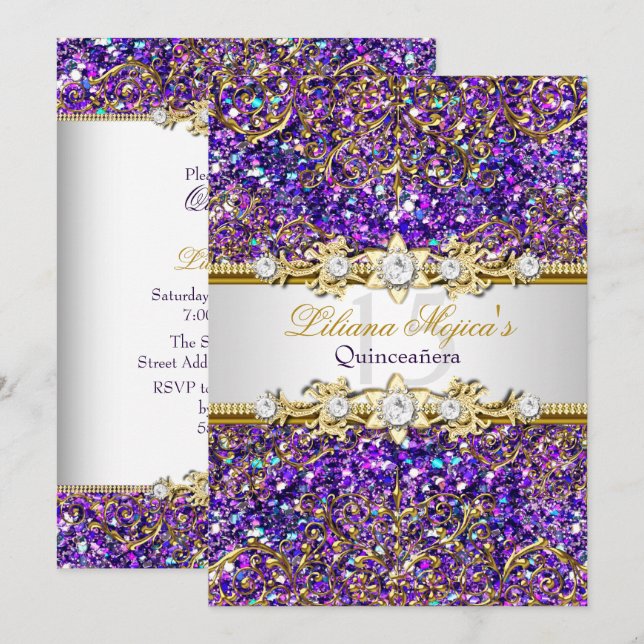 Glitter Roxo e Damasco Dourado Quinceanera Convite (Frente/Verso)