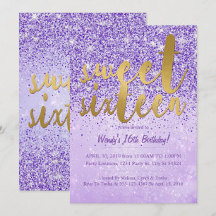 Glitter Roxo e Dourado Doce 16 Convites de festas