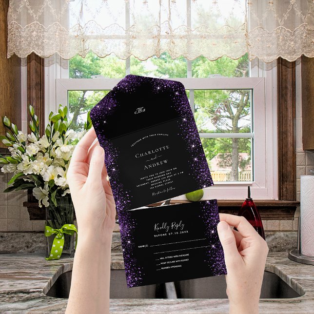 Glitter roxo preto brilha casamento elegante (Criador carregado)