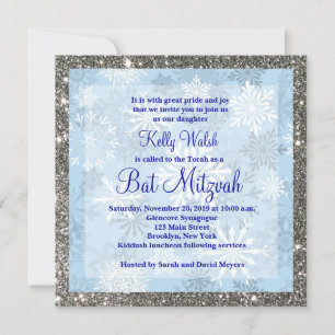 Glitter Snowflakes Winter Bat Mitzvah Convite
