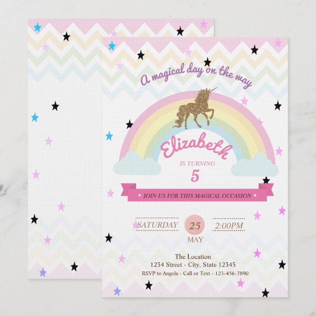 Glitter Unicorn, Rainbow Estende Convite Aniversár (Frente/Verso)