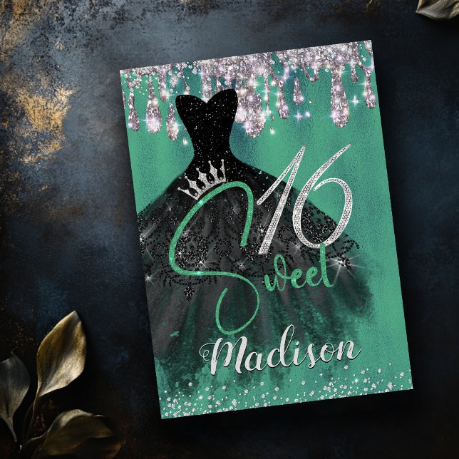 Glitter verde-chic prata gota doce 16 convite (Criador carregado)