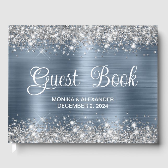 Glittery Chic Dusty Blue Foil Livro de Convidados (Frente)