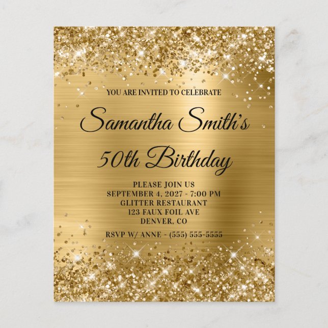 Glittery Dourada Glam 50th Birthday Invite (Frente)