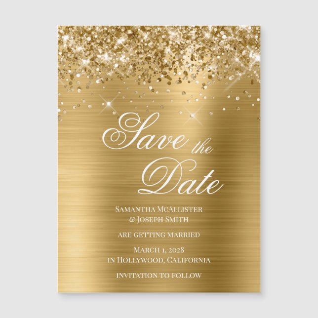 Glittery Dourado Save the Date (Frente)