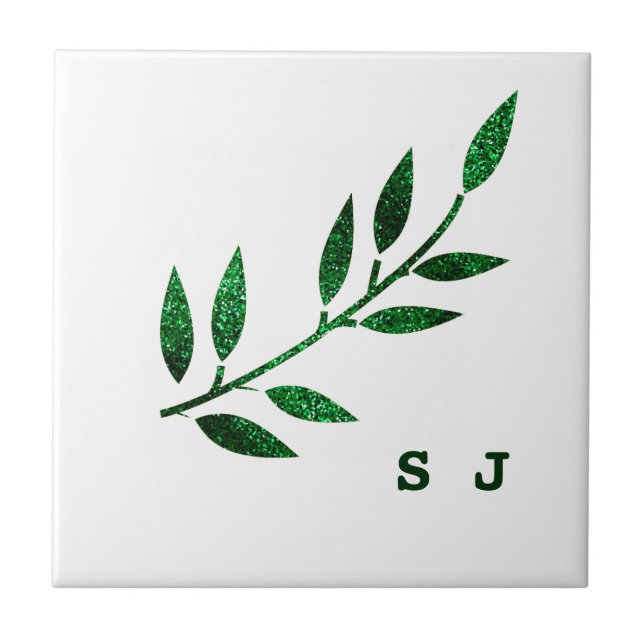Glittery Emerald Green Leaf Monograma - Favor do P (Frente)