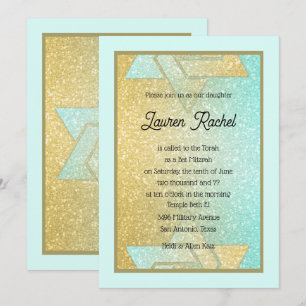 Glittery Gradient Bat Mitzvah Aqua Convite Dourado