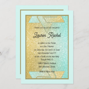Glittery Gradient Bat Mitzvah Aqua Convite Dourado