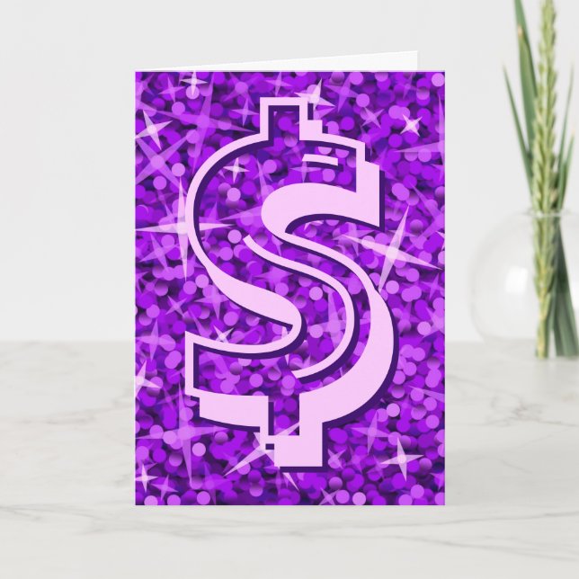 Glitz dólar roxo "$" 'Seu texto' cartão de saudaçõ (Frente)